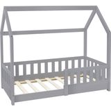 ML-Design kinderbed 70x140 cm met uitvalbeveiliging, dak en lattenbodem, lichtgrijs, massief houten kinderbed, huisbed voor meisjes/jongens, bedhuis massief grenen hout, stabiel jeugdbed kinderhuis