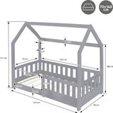 ML-Design kinderbed 70x140 cm met uitvalbeveiliging, dak en lattenbodem, lichtgrijs, massief houten kinderbed, huisbed voor meisjes/jongens, bedhuis massief grenen hout, stabiel jeugdbed kinderhuis