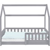 ML-Design kinderbed 70x140 cm met uitvalbeveiliging, dak en lattenbodem, lichtgrijs, massief houten kinderbed, huisbed voor meisjes/jongens, bedhuis massief grenen hout, stabiel jeugdbed kinderhuis
