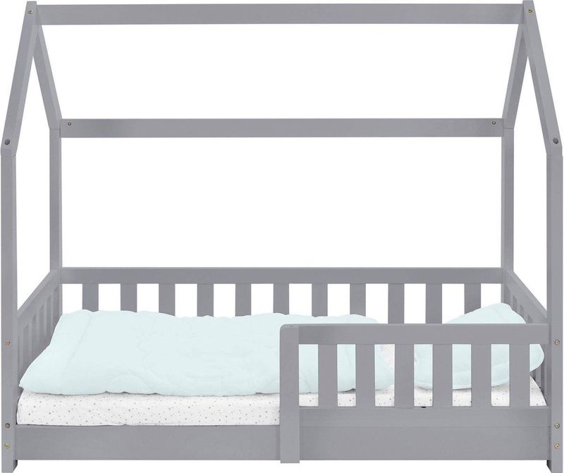 ML-Design kinderbed 70x140 cm met uitvalbeveiliging, dak en lattenbodem, lichtgrijs, massief houten kinderbed, huisbed voor meisjes/jongens, bedhuis massief grenen hout, stabiel jeugdbed kinderhuis