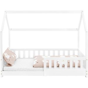 Kinderbed met uitvalbeveiliging lattenbodem en dak 80x160 cm Wit grenen hout ML-Design