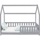 Kinderbed met uitvalbeveiliging lattenbodem en dak 80x160 cm Lichtgrijs grenenhout ML-Design