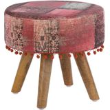 Sitzhocker Pamplona mit Holzbeinen, Stoffbezug, rund, 38 x 36 cm, Holzoptik, Rot, Boho Vintage Stil, gepolsterte Sitzfläche, Fußhocker,