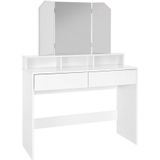 Schminktisch, Frisiertisch mit 3-tlg. Klappspiegel und 2 Schubladen, 100 x 40 x 140 cm, Weiß, modern, Kosmetiktisch mit 3 offenen Fächern,