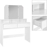 Schminktisch, Frisiertisch mit 3-tlg. Klappspiegel und 2 Schubladen, 100 x 40 x 140 cm, Weiß, modern, Kosmetiktisch mit 3 offenen Fächern,