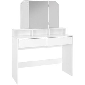Schminktisch, Frisiertisch mit 3-tlg. Klappspiegel und 2 Schubladen, 100 x 40 x 140 cm, Weiß, modern, Kosmetiktisch mit 3 offenen Fächern,