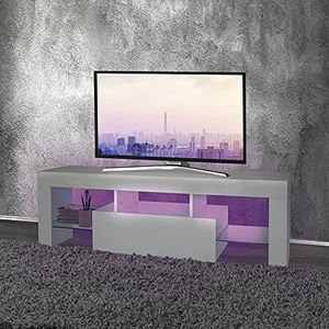ML-Design TV lowboard in hout met LED verlichting en glazen legger voor TV, moderne TV tafel, 130x49x45cm, wit, greeploos design, TV meubel TV meubel TV plank, voor woonkamer