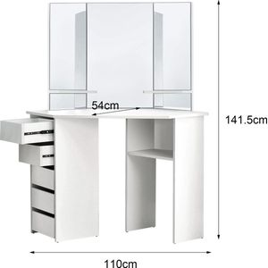 ML-Design Hoek kaptafel wit met 3 spiegels, donkergrijs krukje, 5 laden & 3 opbergvakken, 110x141,5x54 cm, cosmeticatafel voor dames en meisjes, kaptafel ladekast gemaakt van MDF hout