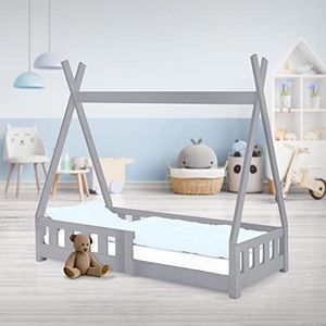 ML-Design kinderbed tipi 70x140 cm lichtgrijs met uitvalbeveiliging en lattenbodem, grenen hout, indianenbed van massief hout voor meisjes en jongens, huisbed met hek kinderhuisje jeugdbed speelbed