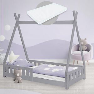 ECD Germany Kinderbed tipi 80x160 cm lichtgrijs met matras, valbeveiliging & lattenbodem, gemaakt van grenenhout, Indisch bed massief hout voor meisjes & jongens huisbed met hek, jeugdbed speelbed bed