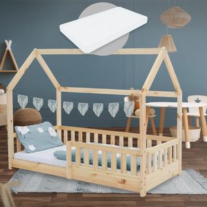 Kinderbett Hausbett 80x160 cm aus Kiefernholz inkl. Matratze H-10cm Rausfallschutz Dach und Lattenrost ML-Design