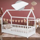 Kinderbed met uitvalbeveiliging lattenbodem en dak 80x160 cm Wit grenen hout ML-Design