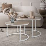 Couchtisch 2er Set rund Ø59x40 cm / Ø74x48 cm, MDF-Platte Sonoma-Eiche, Metallrahmen Weiß, Beistelltisch-Set, Satztische in 2 Größen, 2 teilig