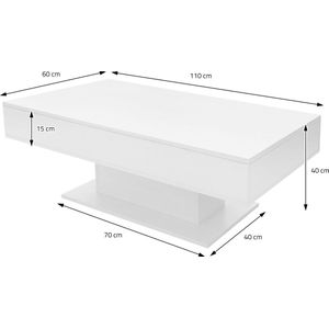 Salontafel 110x60x40 cm Wit incl. 2 opbergvakken onder verschuifbaar blad ML-Design