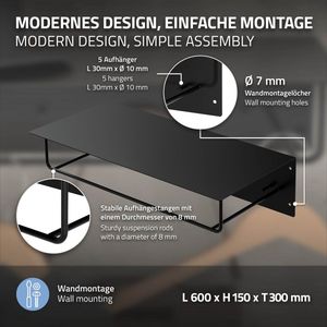 Wandkapstok met hakenstang en kledingstang en hoedenplank 60x30x15 cm zwart metaal ML design