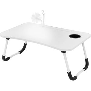 Laptoptisch fürs Bett/Sofa, Weiß, 60x40 cm, Betttisch klappbar, Notebook Tisch mit 4 usb Ladeanschluss, Schublade, USB-Lampe, Lüfter, Tablet Ständer,