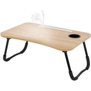 Laptoptisch für Bett/Sofa, Holzoptik 60x40cm, Betttisch klappbar, Notebook Tisch mit 4 usb Ladeanschluss, Schublade, USB-Lampe, Lüfter, Tablet