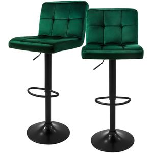 Barhocker 2er Set, Bezug aus Samt, Grün, Gepolsterter Barstuhl mit Rückenlehne und Fußstütze, Tresenhocker höhenverstellbar 63-83cm, 360° drehbar,