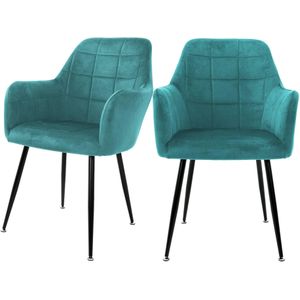 Eetkamerstoelen met rugleuning en armleuningen Set van 2 Turquoise fluwelen bekleding met metalen poten ML-Design