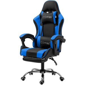 ML-Design Massage Gaming Stoel, Zwart-Blauw, PU-Leder, Ergonomische Bureaustoel, Verstelbare Draaistoel, Race Gamer Stoel met Armsteun, Hoofdsteun, Lendenkussen, Voetsteun, Bureaustoel Armstoel