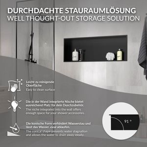 Wandnische aus Edelstahl, 90x30x10 cm, Schwarz, Duschnische mit Rahmen, Einbauregal, Flexibler Einbau, Befliesbare Nische für Badutensilien,
