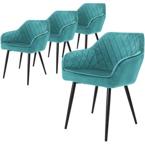 ML-Design Set van 4 eetkamerstoelen met armleuning en rugleuning, turquoise, keukenstoel met fluwelen bekleding