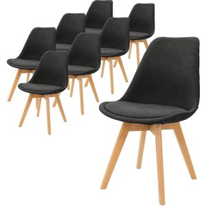 ML-Design set van 8 eetkamerstoelen met rugleuning, zwart, Scandinavische retro gestoffeerde stoelen met beukenhouten poten, linnen zitting, ergonomische keukenstoelen voor eettafel, woonkamerstoelen