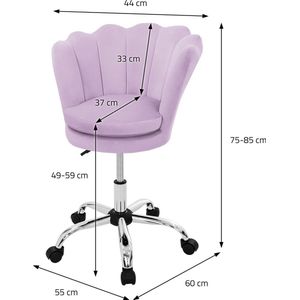 ML-Design bureaustoel paars fluweel metalen onderstel, gestoffeerde stoel met rugleuning, in hoogte verstelbaar, draaistoel 5 wielen, gestoffeerde kuipstoel voor meisjes, ergonomische bureaustoel