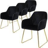 ML-Design eetkamerstoelen set van 4, fluwelen zitting, zwart, woonkamerstoel met rugleuning en armleuningen, keukenstoel met gouden poten, gestoffeerde stoel met metalen frame, ergonomische armstoel