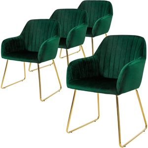 ML-Design eetkamerstoelen set van 4, fluwelen zitting, groen, woonkamerstoel met rugleuning en armleuningen, keukenstoel met gouden poten, gestoffeerde stoel met metalen frame, ergonomische armstoel