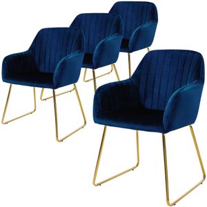 ML-Design eetkamerstoelen set van 4, fluwelen zitting, blauw, woonkamerstoel met rugleuning en armleuningen, keukenstoel met gouden poten, gestoffeerde stoel met metalen frame, ergonomische armstoel