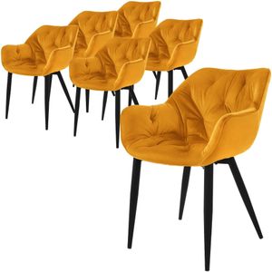 ML-Design eetkamerstoelen set van 6 mosterdgeel, keukenstoel met dikke fluwelen gestoffeerde zitting, metalen poten, woonkamerstoel met rugleuning en armleuningen, gewatteerde, ergonomische fauteuil