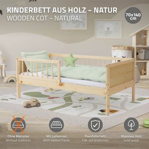 Kinderbett 70x140 cm, Natur, Einzelbett für Kinder mit Lattenrost & Rausfallschutz, Jugendbett aus Kiefernholz, Holzbett, Bettgestell für Jungen &