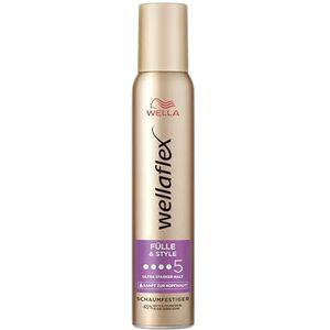 Wellaflex Vol & Style Schuimveriger voor vrouwen, tot 24 uur ultra sterke grip, voor vol, volumineus haar, zacht voor de hoofdhuid, dermatologisch getest, siliconenvrij, houdgraad 5, 200 ml