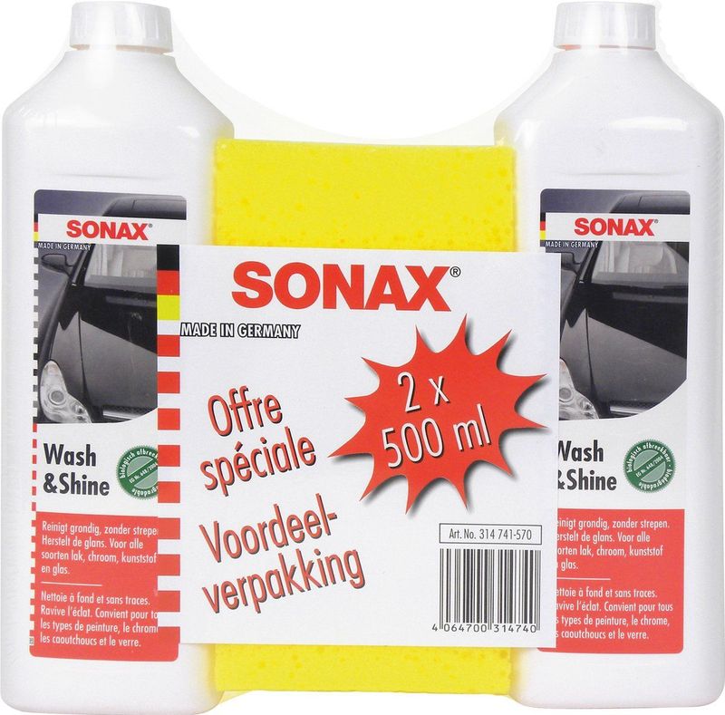 Sonax - Wash & Shine - Autoschampoo - Geconcentreerd - Set van 2 Flacons en Spons