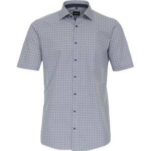 VENTI - Modern Fit Overhemd - Korte Mouw - Popeline - Blauw met Wit Dessin - Strijkvriendelijk