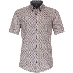 CASA MODA Sport Overhemd - Korte Mouw - Twill - Blauw met Wit en Oranje Dessin - Strijkvriendelijk