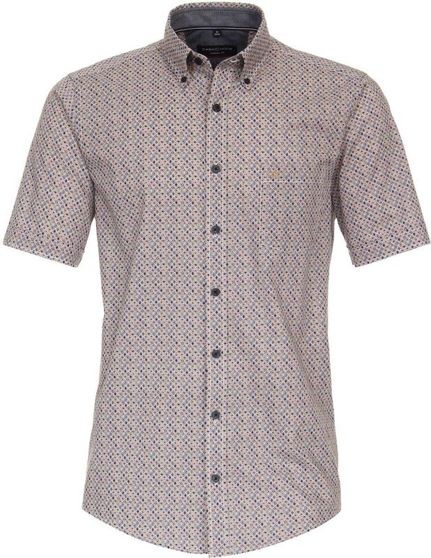CASA MODA Sport casual fit overhemd, korte mouw, twill, blauw met wit en oranje dessin