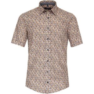 CASA MODA - Multicolor Fantasie - Overhemd - Wit met Beige en Oranje Dessin - Korte Mouw - Strijkvriendelijk