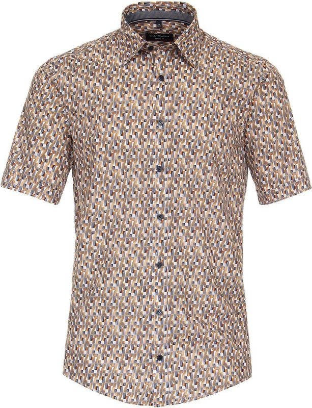 CASA MODA - Multicolor Fantasie - Overhemd - Wit met Beige en Oranje Dessin - Korte Mouw - Strijkvriendelijk