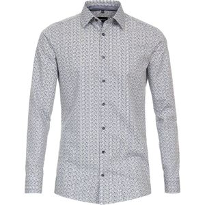 VENTI - Modern Fit Overhemd - Blauw - Wit - Grijs Dessin - Strijkvriendelijk