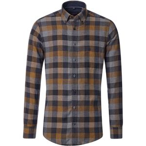 CASA MODA - Sport Casual Fit Overhemd - Blauw met Okergeel Geruit - Strijkvriendelijk