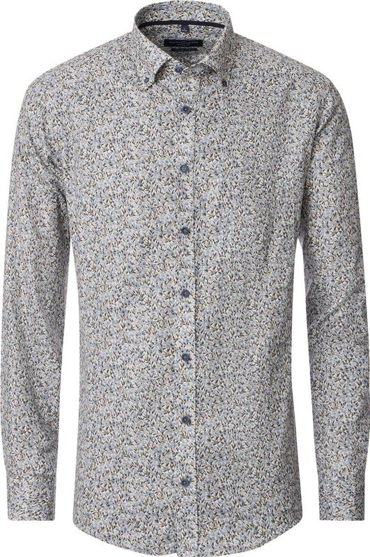 CASA MODA - Sport Casual Fit Overhemd - Beige met Blauw en Groen Dessin - Strijkvriendelijk