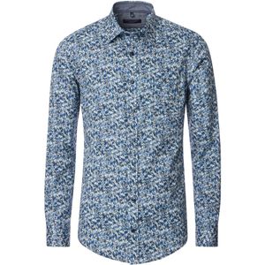 CASA MODA Sport Overhemd - Twill - Blauw met Wit Dessin - Strijkvriendelijk