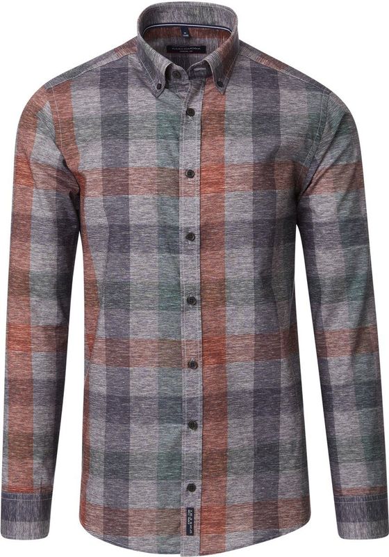 CASA MODA - Sport Casual Fit - Overhemd - Grijs met Groen en Rood Geruit - Strijkvriendelijk - Boordmaat: 51 - 52