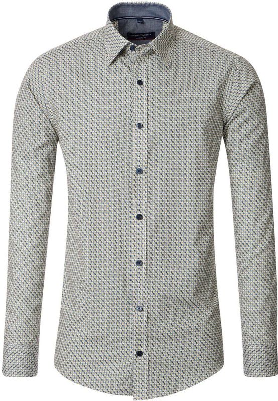 CASA MODA - Multicolor Fantasie - Overhemd - Wit met Blauw en Geel Dessin - Strijkvriendelijk