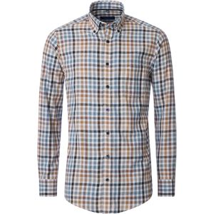 CASA MODA Sport comfort fit overhemd - flanel - blauw - wit en beige geruit - Strijkvriendelijk - Boordmaat: 43 - 44