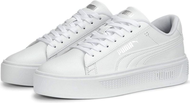 PUMA - Smash Platform v3 Sneakers - Wit/Zilver - Leren Bovenwerk - Rubberen Buitensole