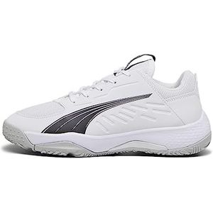 PUMA Unisex Kid's Accelerate Jr Handbal Schoen, Puma White PUMA Zwart Beton Grijs, 4 UK