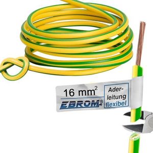 EBROM Aderleiding aardingskabel H07V-K (K = flexibel fijndradig 99,9% OFC koper, volledig koper) 1 x 16 mm², 5 tot 100 meter naar keuze, groen/geel 16 mm2 (16 mm2) - uw lengte: 25 meter
